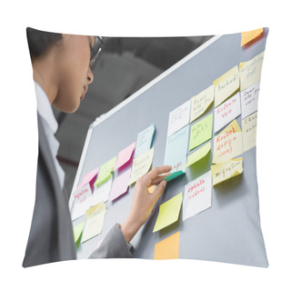Personality  Low Angle View Of African American Manager Standing Near Board With Sticky Notes  Pillow Covers