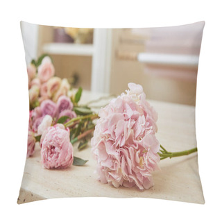 Personality  Selective Focus Of Pink Roses And Peonies On Table  Pillow Covers