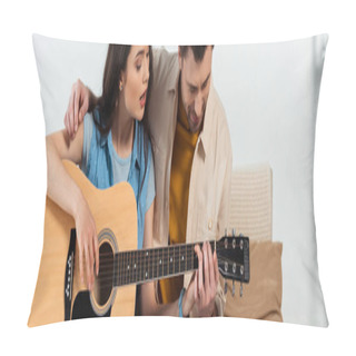 Personality  Panoramic Shot Of Man Teaching Girlfriend To Playing Acoustic Guitar  Pillow Covers
