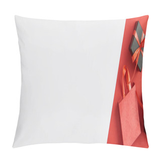 Personality  Top View Of Decorative Gift Boxes And Shopping Bag On White And Red Background With Copy Space, Panoramic Shot Pillow Covers