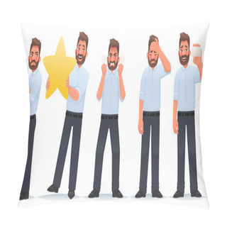 Personality  Set Of Character Man. A Businessman With A Feeling Of Envy, With A Star And Evaluates The Work, An Angry Guy, Tired, Shows A Business Card. Vector Illustration In Cartoon Style Pillow Covers