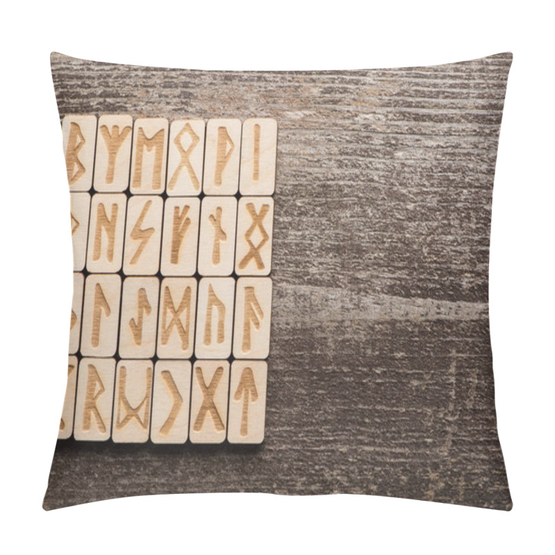 Personality  Top view of runes with signs on wooden background with copy space pillow covers