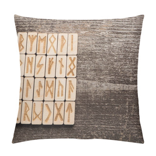 Personality  Top View Of Runes With Signs On Wooden Background With Copy Space Pillow Covers