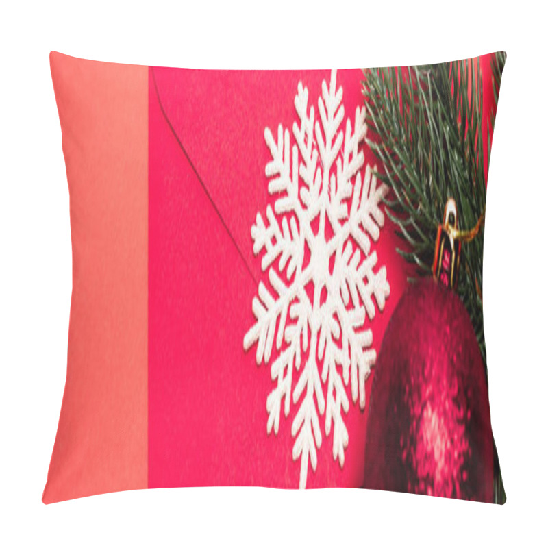 Personality  Top View Of Christmas Decoration And Envelope On Red Background, Banner Pillow Covers