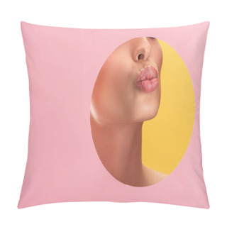Personality  Partial View Of Beautiful Woman With Shiny Lips In Pink Paper Round Hole Pouting Lips Isolated On Yellow Pillow Covers