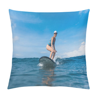 Personality  Attractive Smiling Woman In Swimming Suit Surfing In Ocean Pillow Covers