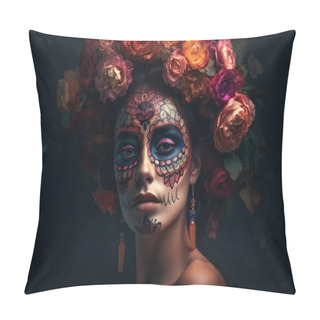 Personality  Portrait Of A Woman With Sugar Skull Makeup Over Dark Background. Halloween Costume And Make-up. Portrait Of Calavera Catrina. Generative AI Pillow Covers