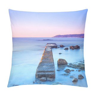 Personality  Concrete Pier Or Jetty And Rocks On A Blue Sea. Hills On Backgro Pillow Covers