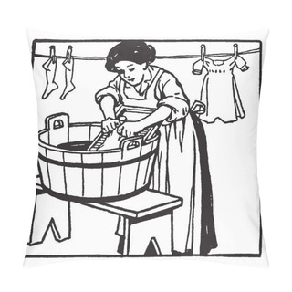 Personality  A Woman Washing Clothes On Washboard And Clothes Hanging On Rope In Background, Vintage Line Drawing Or Engraving Illustration Pillow Covers