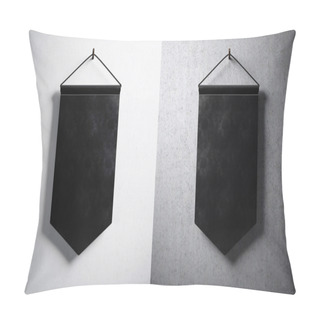 Personality  Photo Double Black Pennant Hanging On Concrete Wall. High Detailed Texture Material. Ready For Your Business Information. Abstract Background. Horizontal. 3D Rendering Pillow Covers