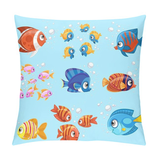 Personality  Cartoon Sea Fishes Set On A Blue Background Pillow Covers