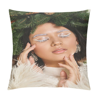 Personality  Winter Beauty, Close Up Of Attractive Woman With Closed Eyes Wearing Green Wreath And Touching Face Pillow Covers