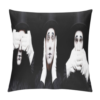 Personality  Mime Showing See No Evil, Hear No Evil, Speak No Evil Isolated On Black Pillow Covers