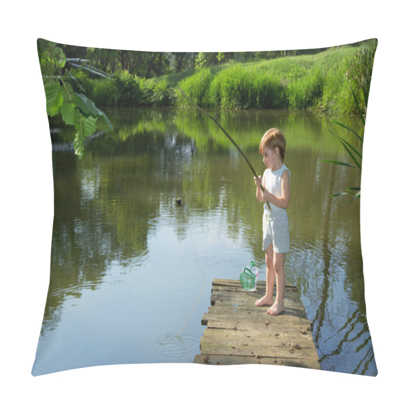 Personality  Cute Little Boy Fishing from the Edge of Wooden Dock and Patiently Waiting for his Catch in Sunny Day pillow covers