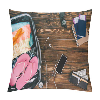 Personality  Top View Of Smartphone With Earphones, Compass, Passports With Tickets And Summer Clothes In Travel Bag On Wooden Surface Pillow Covers