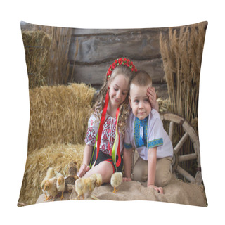 Personality  A Boy And A Girl In Ukrainian Embroidered Shirts Are Hugging In Bales Of Straw Against The Background Of Running Chickens. Happy Easter Pillow Covers