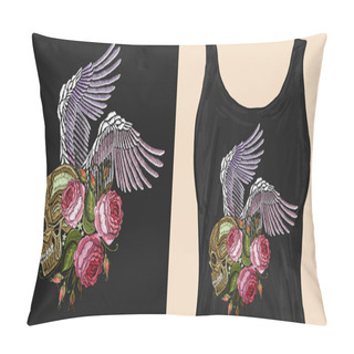 Personality  Embroidery Human Skull, Angel Wings And Roses. Trendy Apparel Pillow Covers