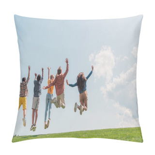 Personality  Back View Of Multicultural Kids Jumping And Gesturing Against Blue Sky  Pillow Covers