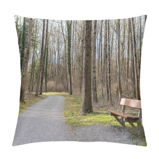 Personality  Gravel Path With Wooden Bench In Riparian Woodland In Springtime. Illuminated Forest Floor In Background With White Snowdrops And Moss Near Aare River In Canton Of Aargau Switzerland. Pillow Covers