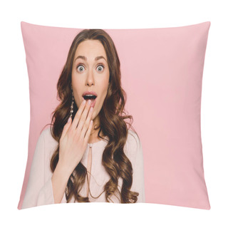 Personality  Shocked Woman Covering Mouth Isolated On Pink  Pillow Covers