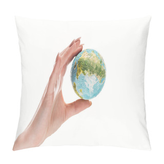 Personality  Partial View Of Female Hand With Earth Model Isolated On White, Global Warming Concept Pillow Covers
