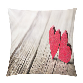Personality  Two Wooden Hearts On Rustic Table With Sunlight Pillow Covers