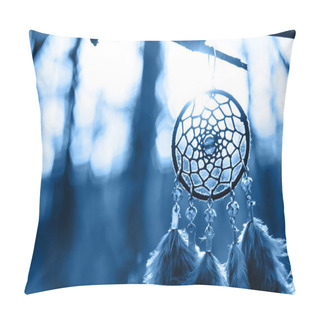 Personality  Dreamcatcher Made Of Feathers, Leather, Beads, And Ropes In Classic Blue Trendy Color Of The Year 2020. Pillow Covers