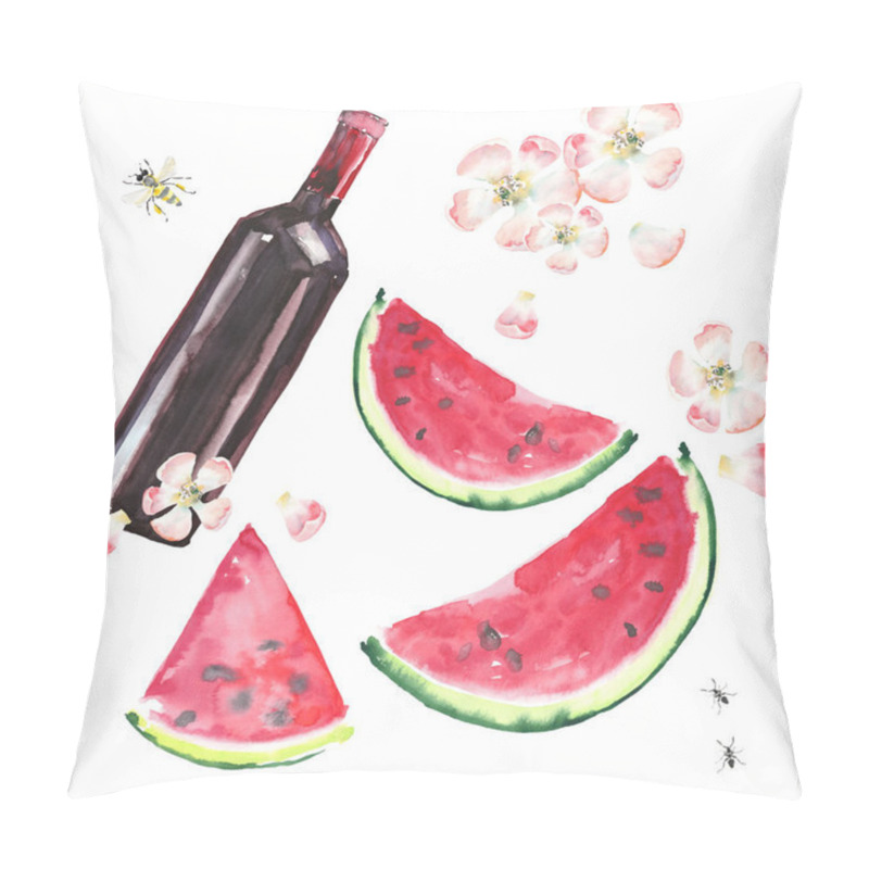 Personality  Bright beautiful lovely wonderful cute delicious tasty yummy summer picnic set includes bottle of red wine, slices of watermelon, flowers of apple, bee and ants pattern watercolor hand illustration pillow covers