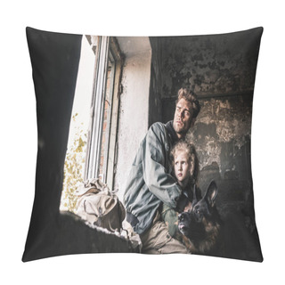 Personality  Man Hugging Dirty Kid Near German Shepherd Dog In Abandoned Building, Post Apocalyptic Concept Pillow Covers