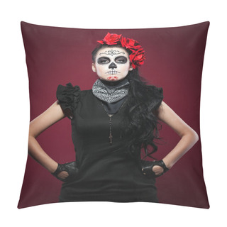 Personality  Young Girl In Day Of The Dead Mask On Red Pillow Covers