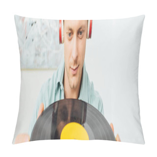 Personality  Panoramic Shot Of Handsome Man In Headphones Holding Vinyl Record In Living Room Pillow Covers
