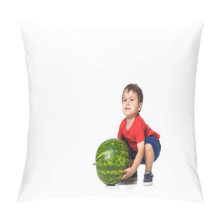 Personality  Kid Trying To Raise Watermelon Isolated On White Pillow Covers