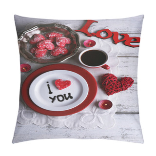 Personality  Cookie In Form Of Heart On Plate With Inscription I Love You On Color Wooden Table Background Pillow Covers