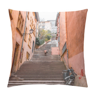 Personality  Lyon, France - January 26, 2022: Hilly Streets With Steps And Buildings In Lyon, Rhone Alps, France. Pillow Covers