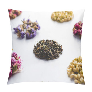 Personality  Pattern Of Dried Herbal Organic Tea On White Surface Pillow Covers