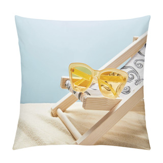 Personality  Yellow Sunglasses And Deck Chair On Sand On Blue Background Pillow Covers