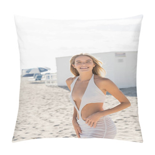 Personality  A Young And Beautiful Blonde Woman Standing On Top Of A Sandy Beach In Miami, Overlooking The Vast Ocean With A Sense Of Freedom And Serenity. Pillow Covers