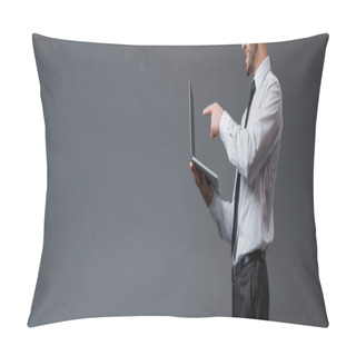 Personality  Panoramic Shot Of Businessman In Suit Pointing With Finger At Laptop Isolated On Grey  Pillow Covers
