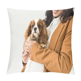 Personality  Cropped View Of Smiling Pregnant Woman Holding Dog Isolated On White  Pillow Covers