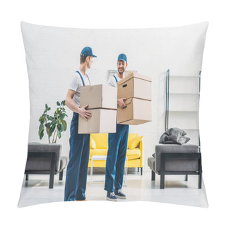 Personality  Two Movers In Uniform Carrying Cardboard Boxes In Modern Apartment Pillow Covers