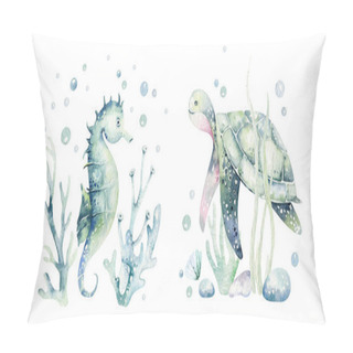 Personality  Set Of Sea Animals. Blue Watercolor Ocean Fish, Turtle, Whale And Coral. Shell Aquarium Background. Nautical Marine Illustration Pillow Covers
