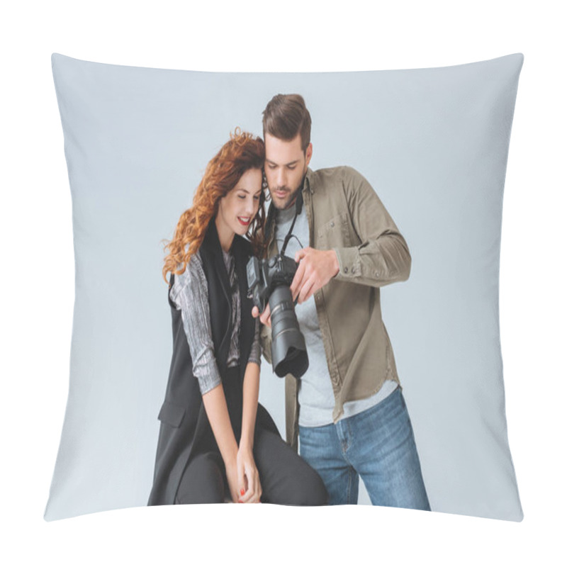 Personality  photographer and attractive model  pillow covers