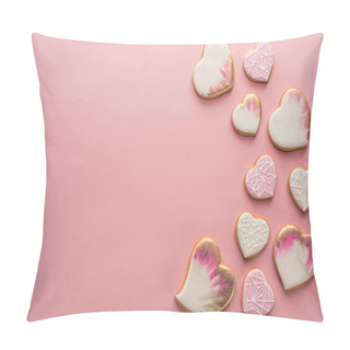 Personality  Flat Lay With Arrangement Of Glazed Heart Shaped Cookies Isolated On Pink Surface Pillow Covers