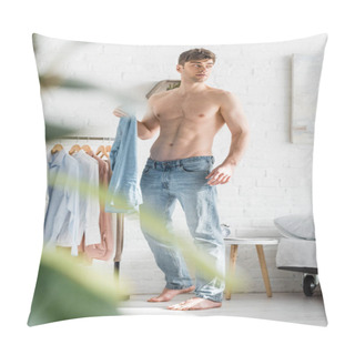 Personality  Selective Focus Of Man With Bare Torso Standing Near Clothes Rack And Holding Blue Shirt In Bedroom Pillow Covers