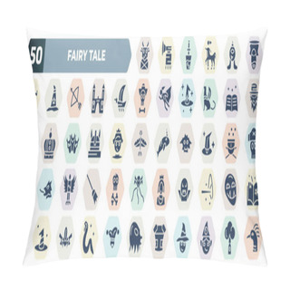 Personality  Set Of 50 Filled Fairy Tale Icons. Glyph Icons Such As Faun, Zeus, Viking Ship, Spellbook, Viking, Witch Hat, Harpy, Dracula, Witch, Armor Vector. Pillow Covers