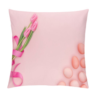 Personality  Top View Of Pink Tulip Flowers And Traditional Easter Eggs Isolated On Pink Pillow Covers