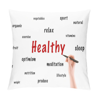 Personality  Cropped Image Of Woman Writing Healthy Inscriptions Isolated On White Pillow Covers