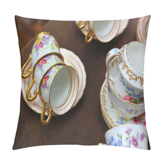 Personality Ceramic Tea Cup Set On Brown Wood Floor Pillow Covers
