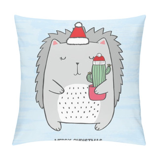 Personality  Vector Illustration Of Cute Crew With Christmas Hat Cut With Cactus In His Hands. Hand Drawn Sketch Card With Grey Hedgehog With Closed Eyes On A Blue Cold Scratched Grunge Background.  Pillow Covers