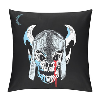 Personality  Skull T-shirt Design With Helmet And Horns And A Small Moon On A Black Background. Pillow Covers